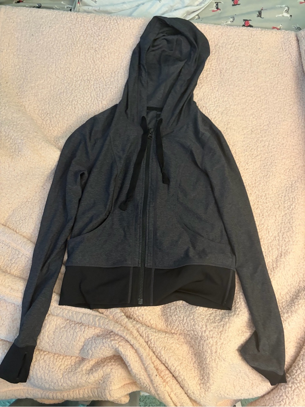 Charcoal Gray Zip-Up Hooded Jacket with Black Hem
